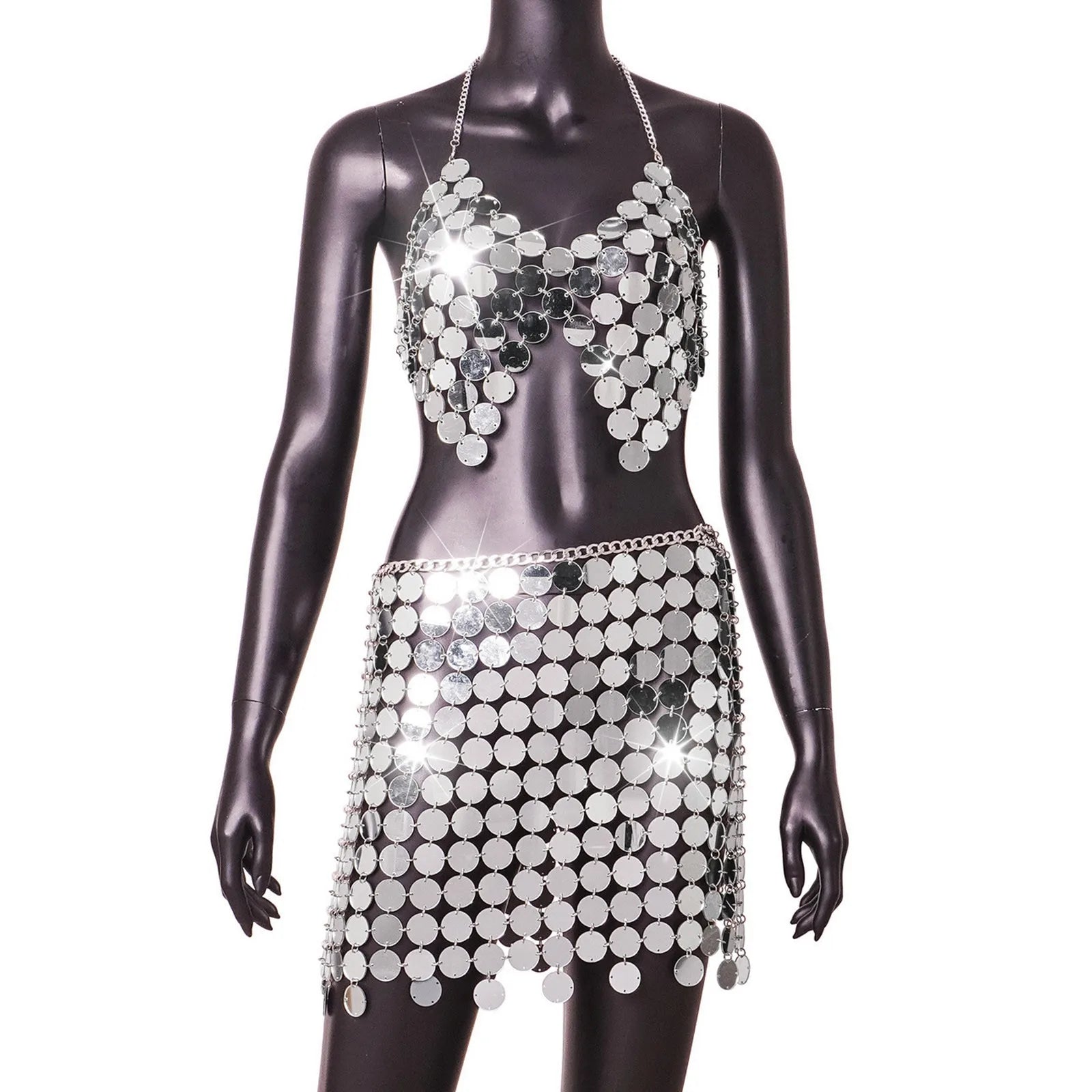 Women Sequin Chain Metal Tops Carnival Backless Metallic Hollow Adjustable Reflective Nightclub Top For Women топ женский