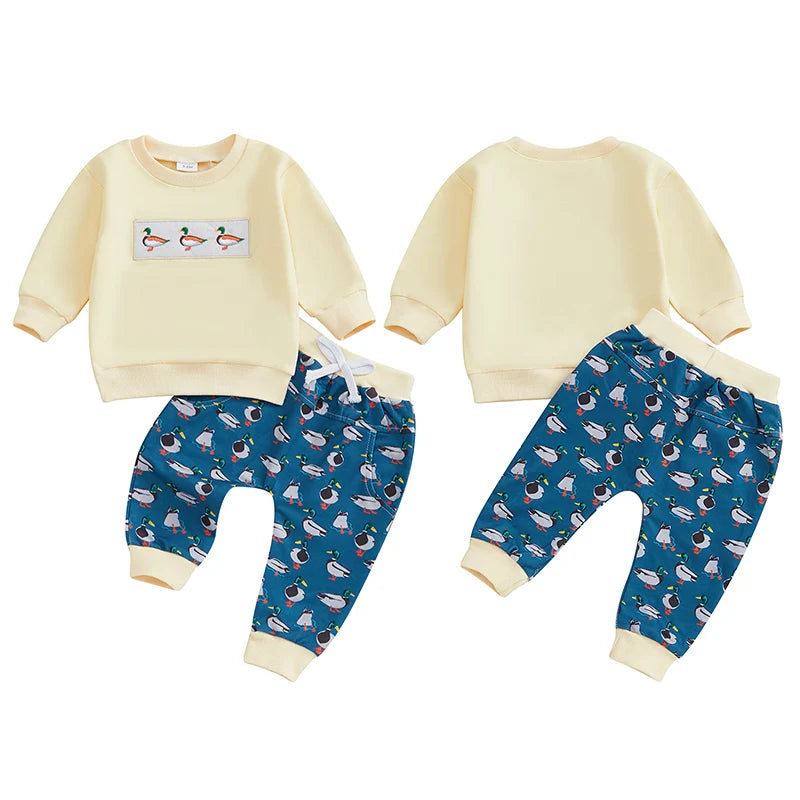 2024-09-13 Lioraitiin Toddler Baby Boy Girl Duck Clothes Long Sleeve Sweatshirt Plaid Elastic Waist Long Pants Outfit