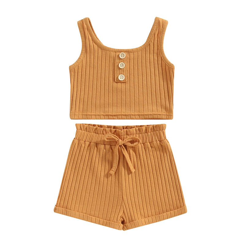 2023-02-14 Lioraitiin 0-4Years Toddler Girls 2Pcs Summer Outfit Sets Solid Button Vest Ribbed Drawstring Shorts