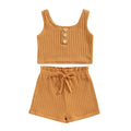 2023-02-14 Lioraitiin 0-4Years Toddler Girls 2Pcs Summer Outfit Sets Solid Button Vest Ribbed Drawstring Shorts
