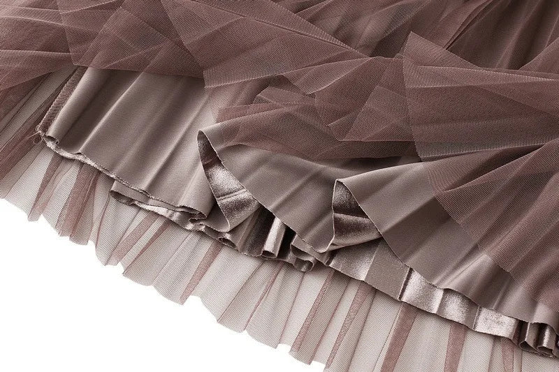 Luxury Velvet Pleated Skirts For Women 2024 Summer Fashion Women's High Waist Mesh Midi Skirt Female Elegant  Solid A-Line Skirt