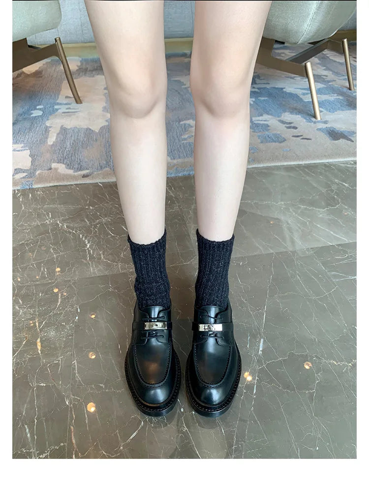 Office Career Women Pumps PU Spring New British Retro Metal Buckle Thick Bottom JK Flat Bottom Small Leather ShoesWoman Shoe