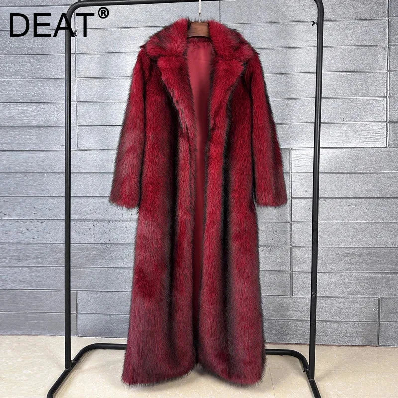 DEAT 2025 winter new fashion high quality Fox Faux Fur long Coat for Women Suit Collar solid color thick warm jacket 11A06914