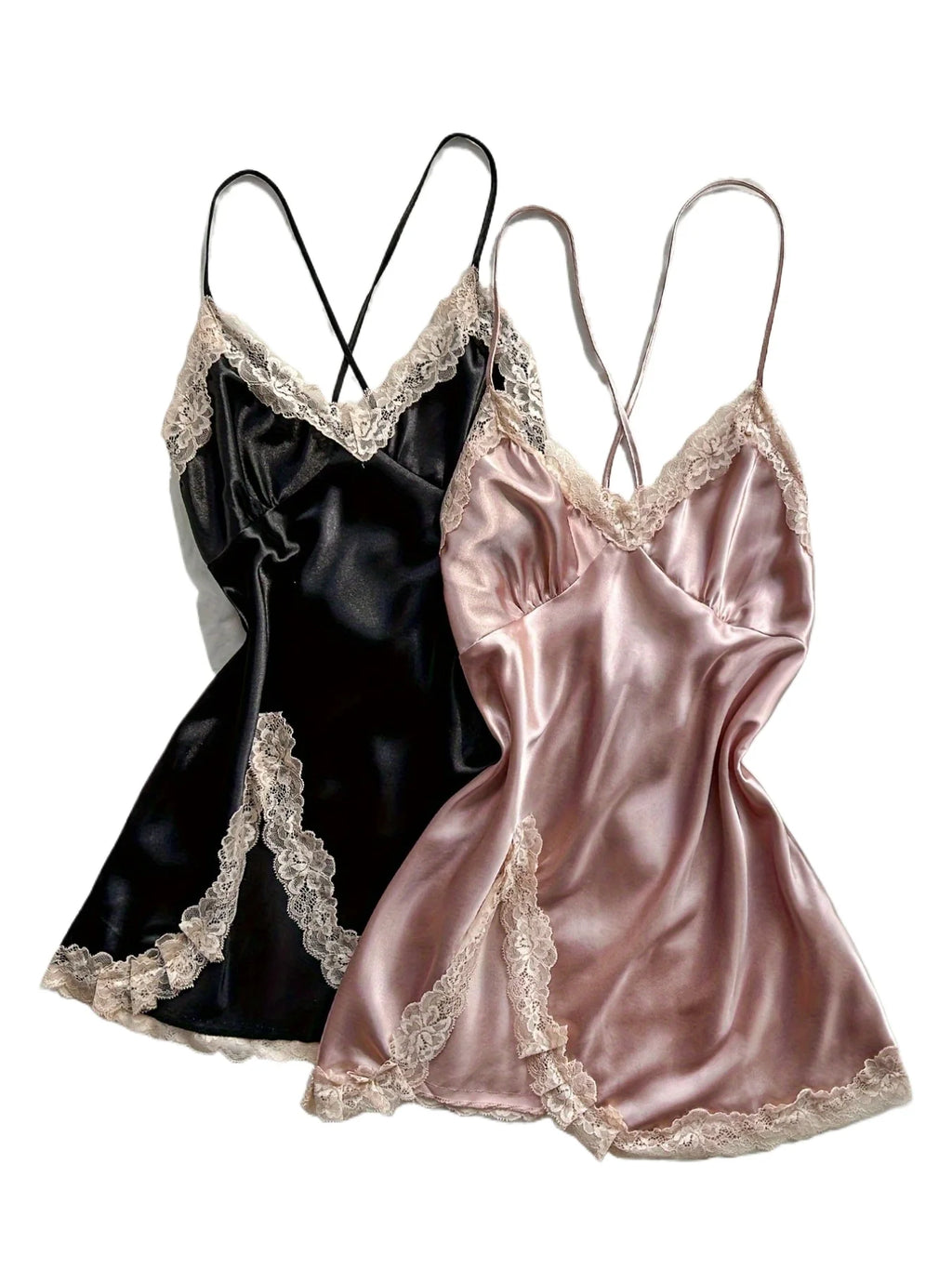 2Pcs Women's Satin Sleepwear Set Black & Blush, Ruched V-Neck Strapless Nightgown Lingerie Dress, All-Season Nightwear
