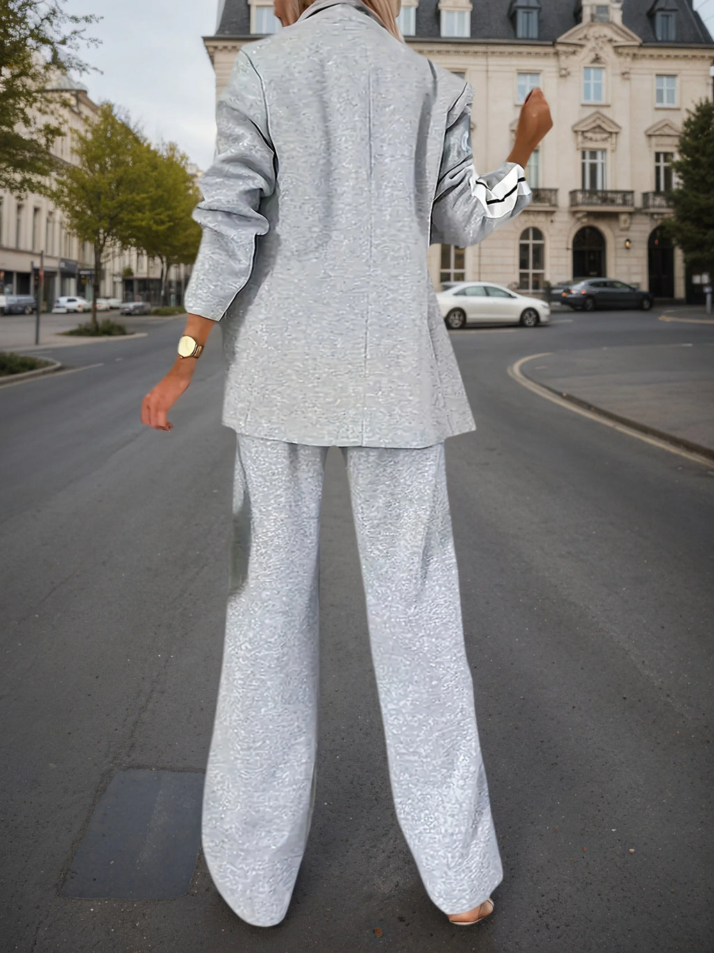 2025 New Elegant Women's Knitted Coat and Pants Set - Long Sleeve, Collar, with Side Stripe Details, Spring and Autumn Season