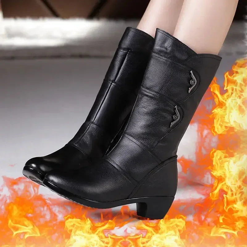 2024 Middle Boots Winter Women's Korean Style Low Heel Solid Color Fleece Warm Plus Size Outdoor Anti-Skid Boots