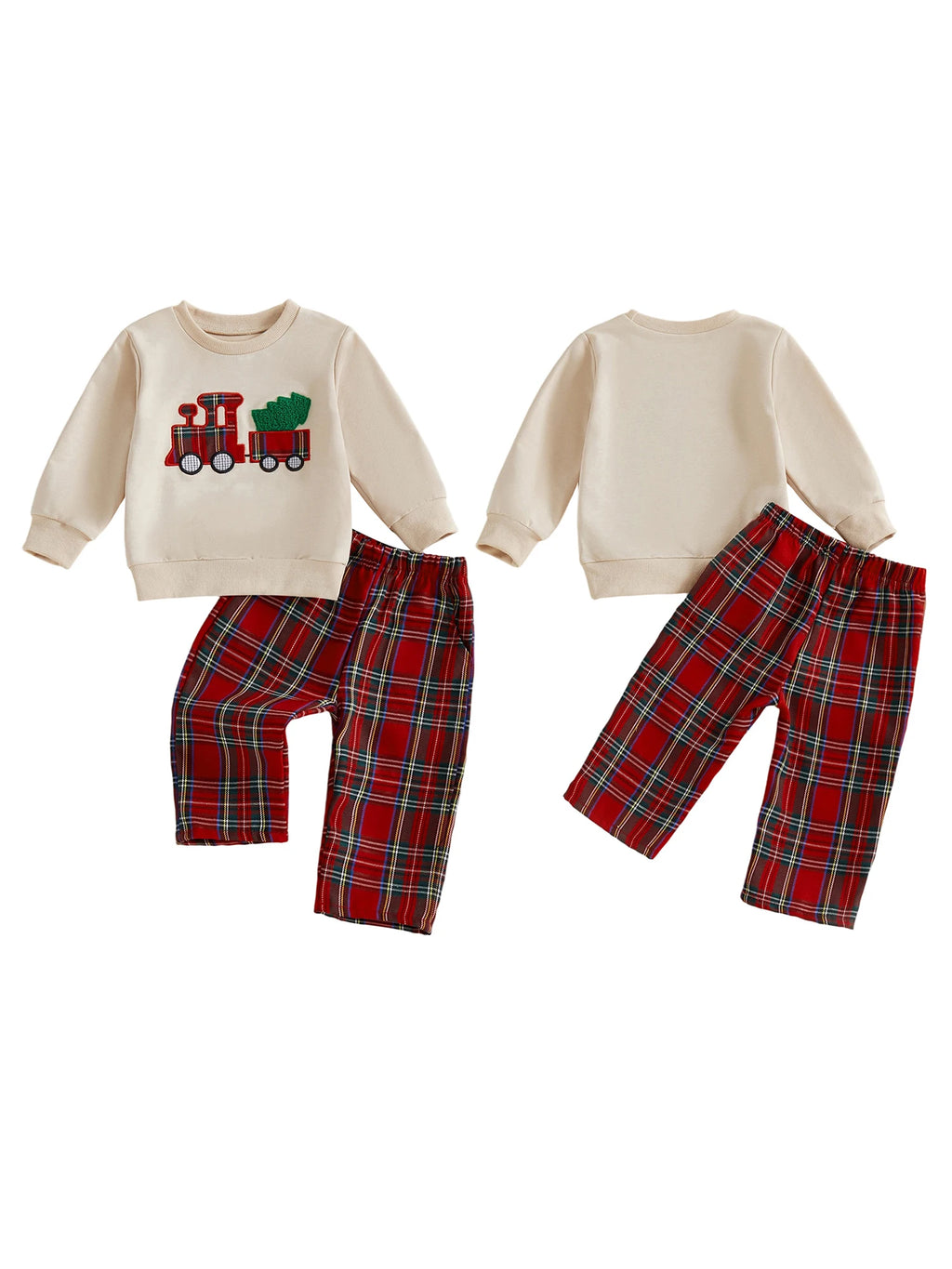 Lioraitiin Toddler Baby Boy Christmas Outfits Long Sleeve Train Embroidery Sweatshirt + Plaid Pants Set Winter Clothes