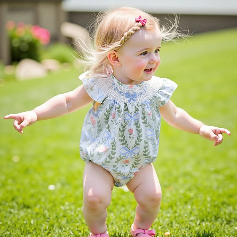 Adorable Baby Girls Jumpsuit Short Sleeve Round Neck Floral Print Toddler Romper for Playtime and Outings in Summer