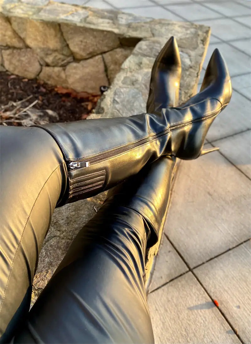 Onlymaker Pointed Toe Knee High Boots Stiletto High Heels Soft PU Leather Flock Concise Side Zipper Big Size Fashion Boots