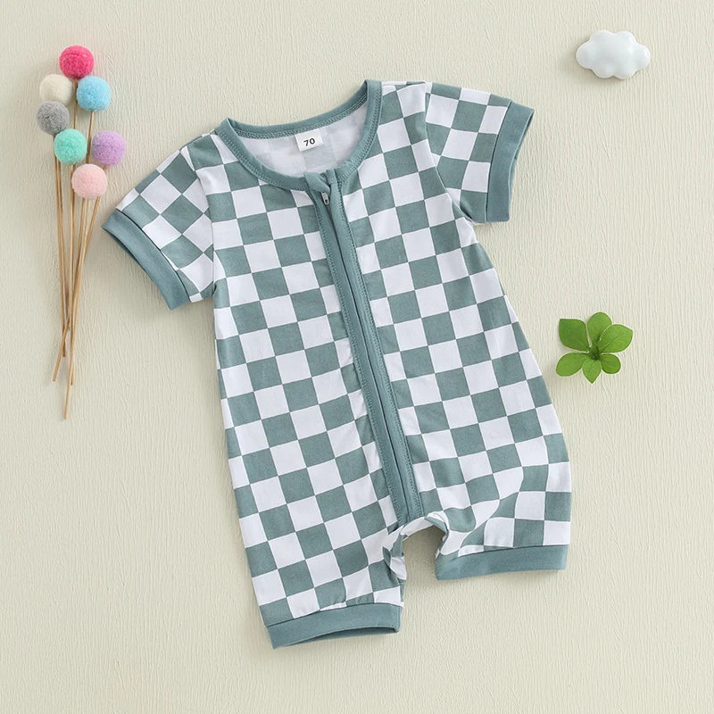 2025-02-06 Lioraitiin Baby Boys Summer Romper Checkerboard Print Short Sleeve Round Neck Zipper Front Jumpsuit