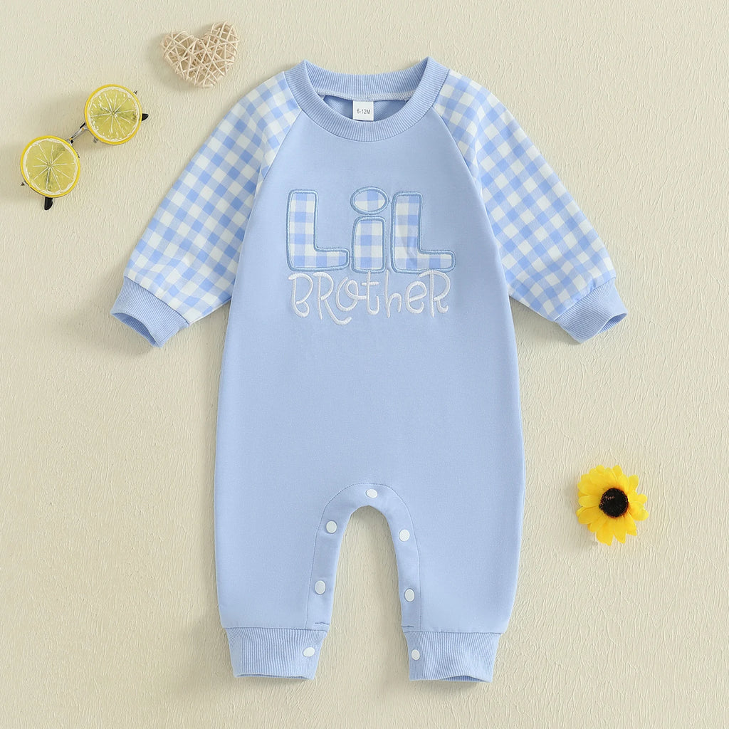 Baby Boy Fall Romper Plaid Print Letter Embroidery Long Sleeve Round Neck Full Length Jumpsuit