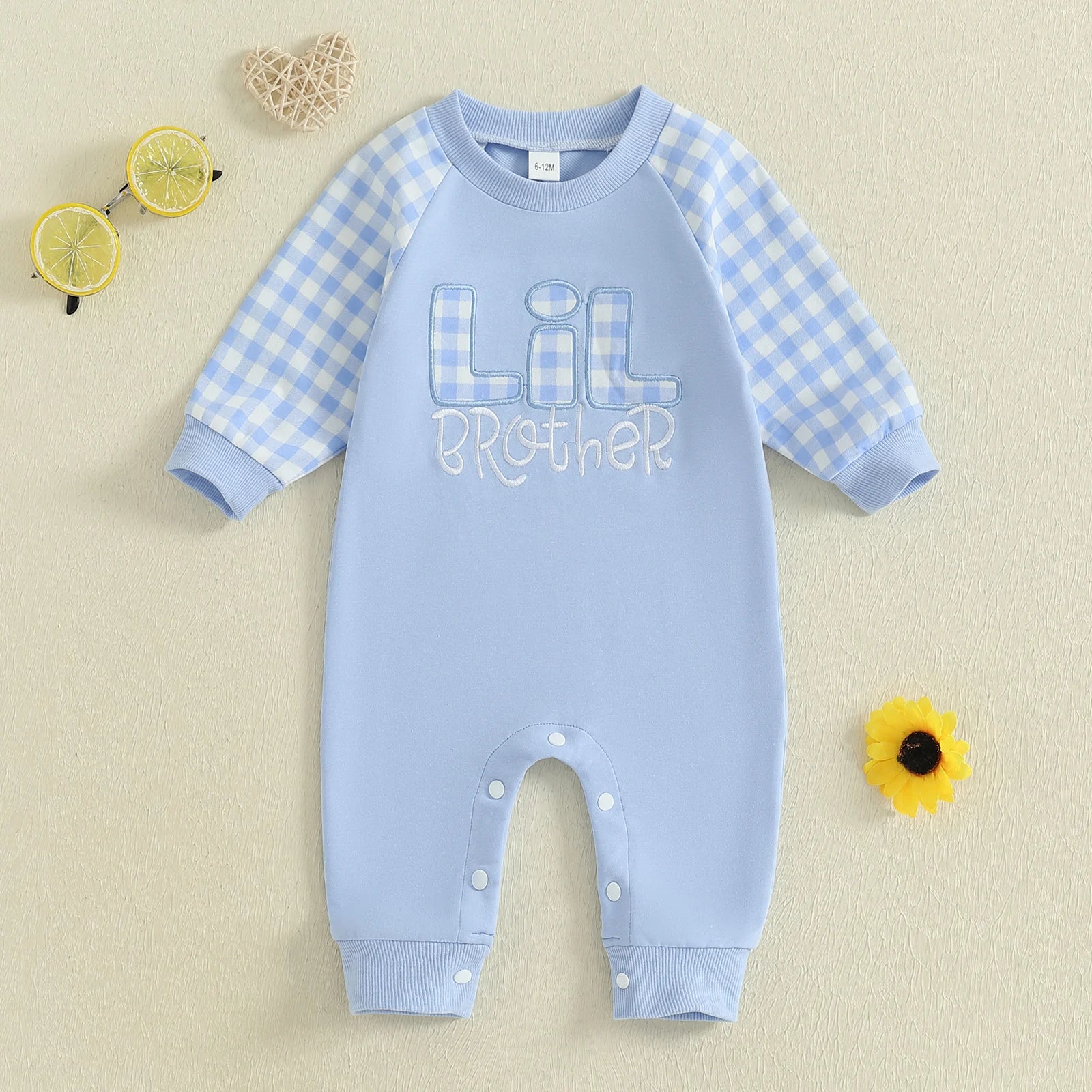 Baby Boy Fall Romper Plaid Print Letter Embroidery Long Sleeve Round Neck Full Length Jumpsuit