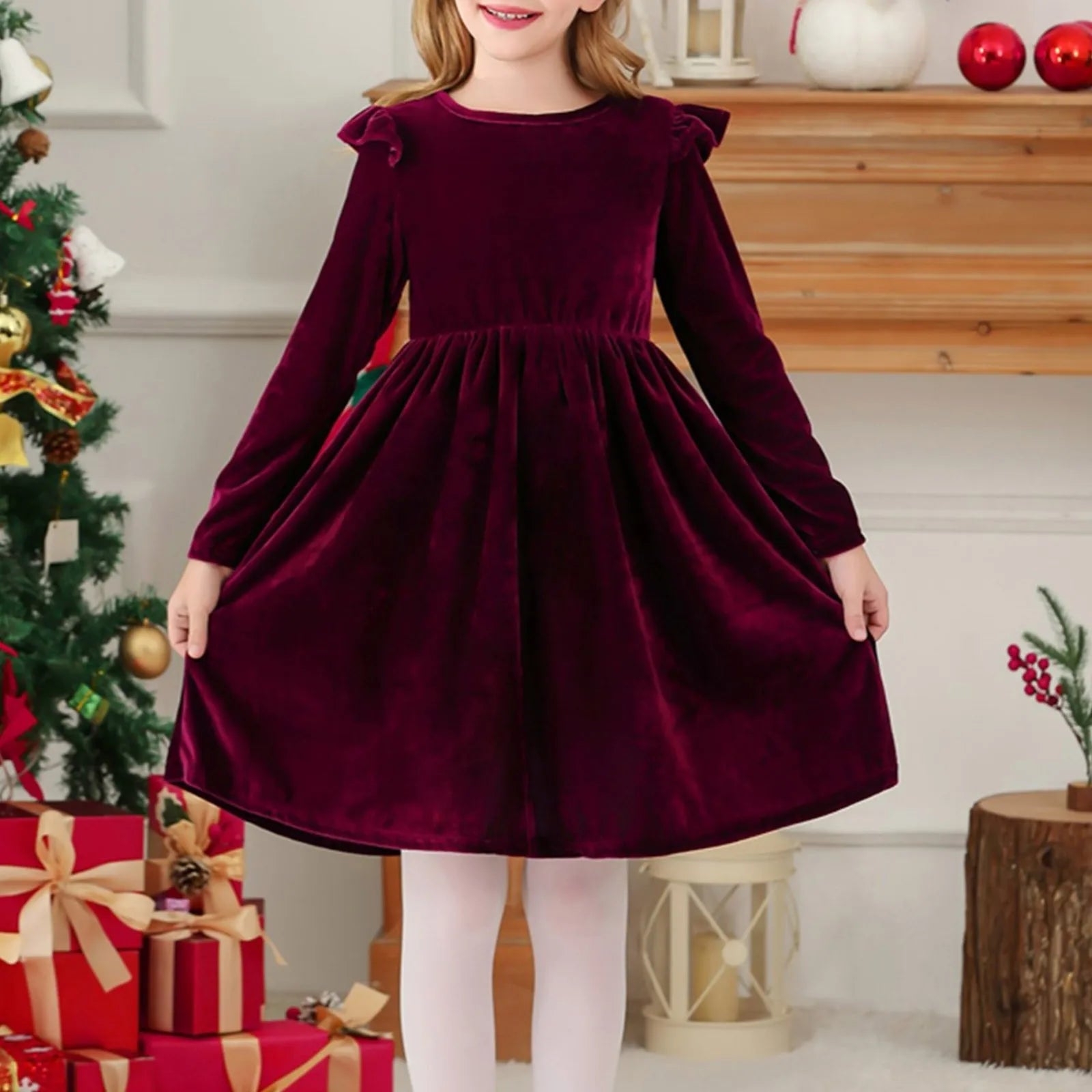 Girls Casual Velvet Dress Ruffled Long Sleeve Spring Fall Dress Evening Party Dress Winter Frilly Dresses For Little Girls