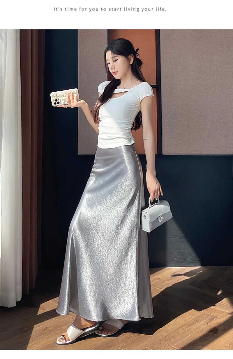 Zoki Chic Satin Elegant Long Skirt Women Casual Fashion High Waist Sweet Trumpet Skirts Slim Summer Female Korean Long Skirts