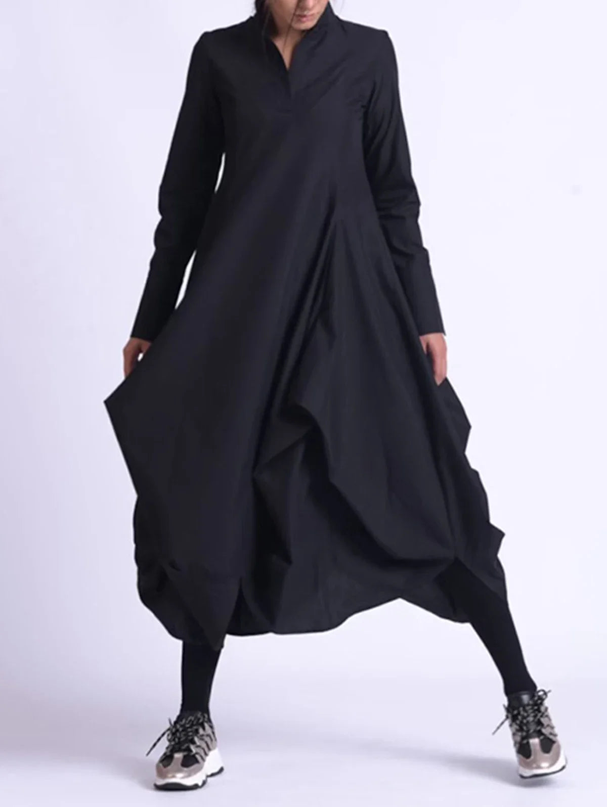 Women Mandarin Collar Dress Vintage Casual Solid Bud Long Dress Spring Long Sleeve Asymmetric A-Line Fashion Minimalist Dress