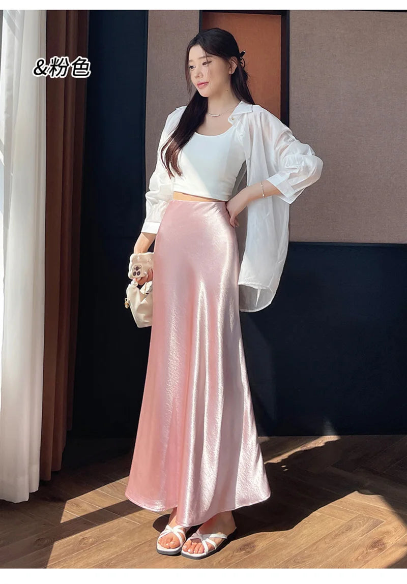 Zoki Chic Satin Elegant Long Skirt Women Casual Fashion High Waist Sweet Trumpet Skirts Slim Summer Female Korean Long Skirts