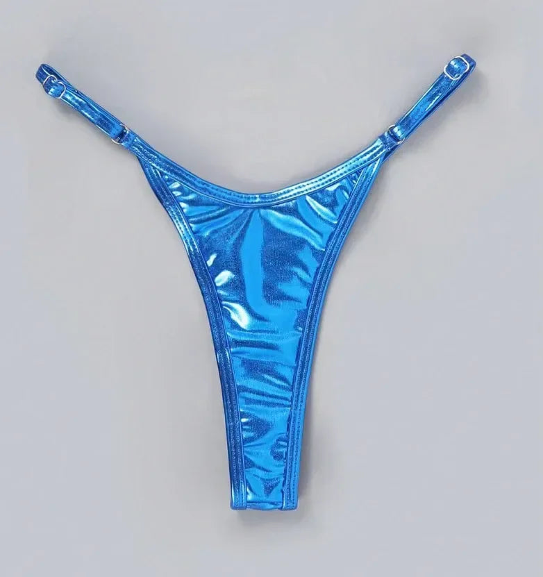 Women Adjustable Strap Thong Lady Briefs Panties G-string Glossy Triangle Shape Solid Color Elastic Mid Waist Ladies Underpants