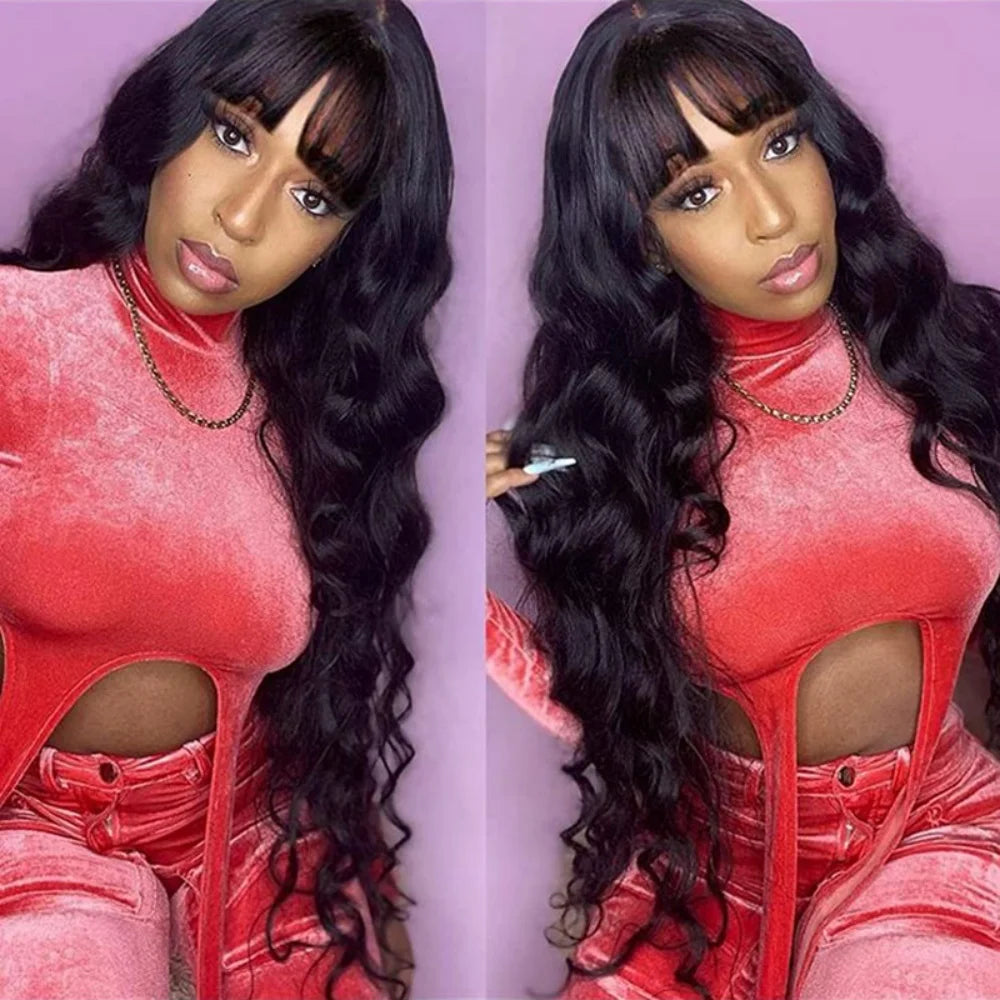 Body Wave Human Hair Wig with Bangs Middle Part 3x1 Lace Frontal Wig with Bangs Brazilian Human Hair Body Wave 34 Inch for Women