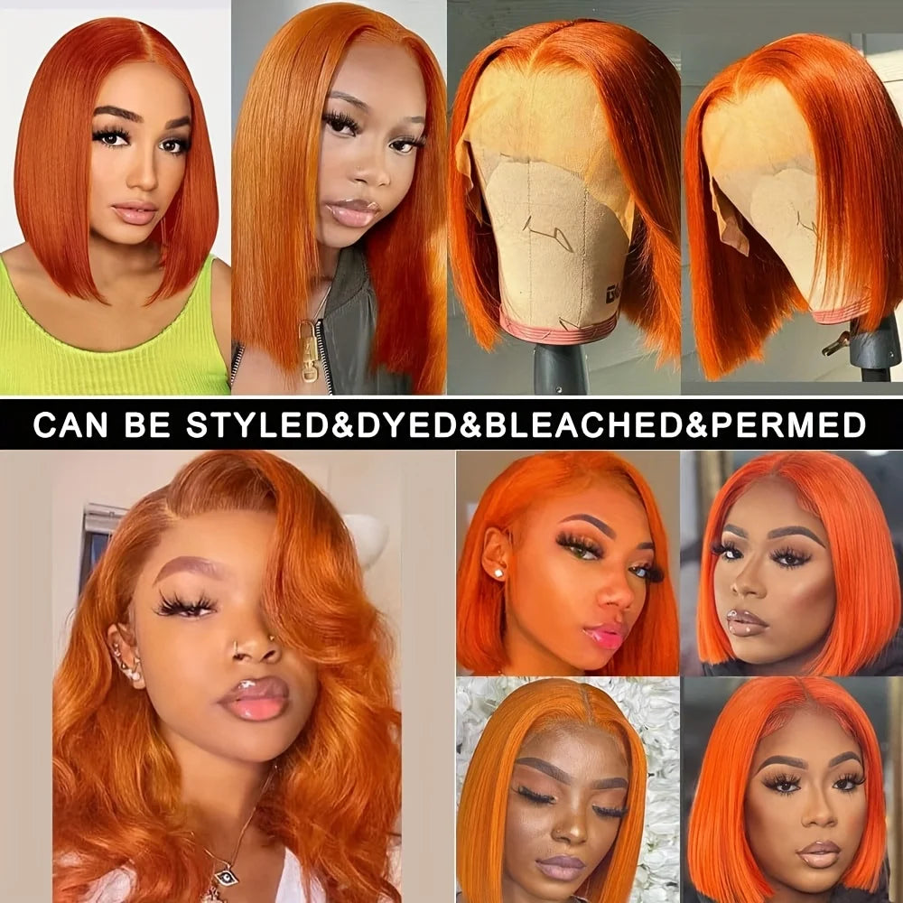 Ginger Bob Wig real Hair 13x4 high definition lace forehead, Orange Bob Wig Straight Hair