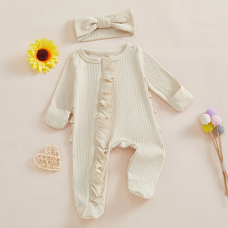 Infant Girls Fall  with Ruffled Sleeves and Matching Headband - Cozy Footed Romper for Autumn Season