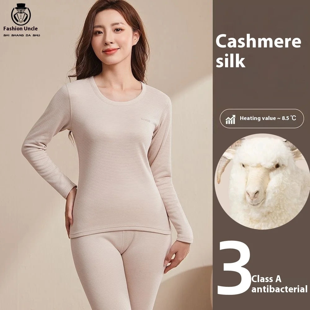 New Autumn/Winter Cashmere and Silk Round-Neck Thermal Set Striped Thermal Underwear for Men and Women Base Layer Undergarments