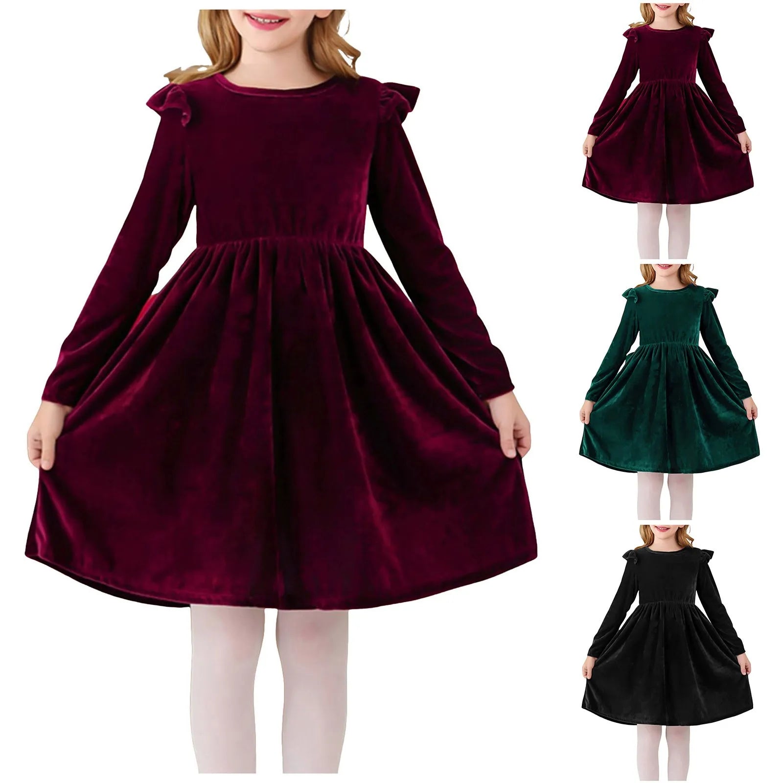 Girls Casual Velvet Dress Ruffled Long Sleeve Spring Fall Dress Evening Party Dress Winter Frilly Dresses For Little Girls