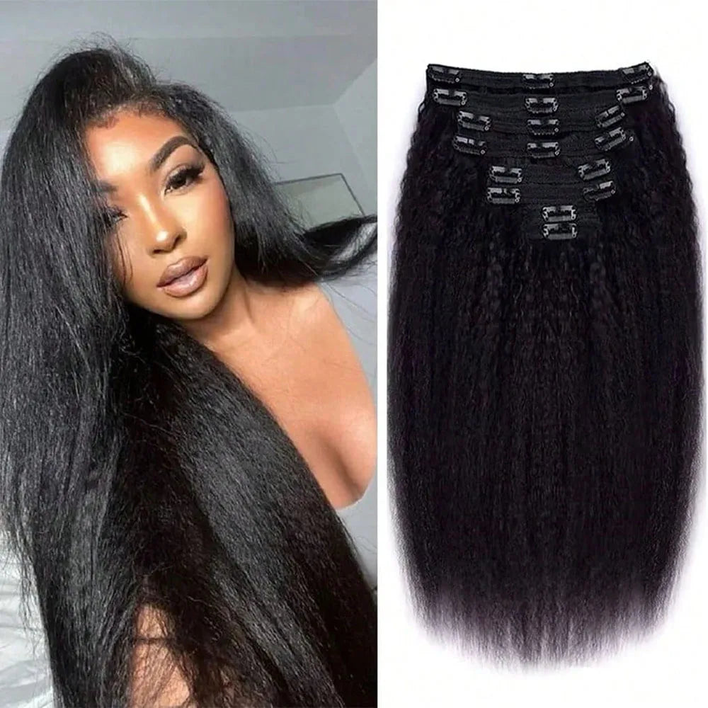 Kinky Straight Clips In Human Hair Extensions Natural Color In Brazilian 100% Remy Human Hair 120G 8Pcs/Set Full Head For Women