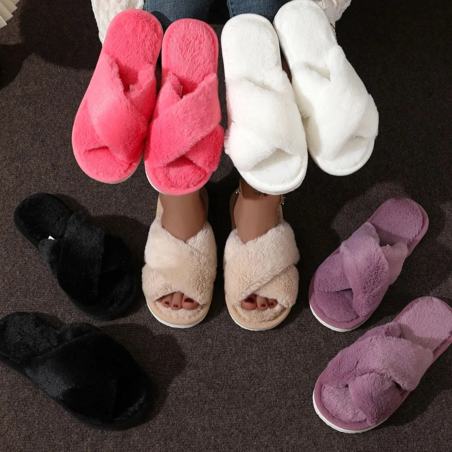 Women’s Cross Band Fur Slippers Indoor Furry Fuzzy Open Toe Shoes Home Cozy Warm Slides Double Straps Slipper Soft Sole Non Slip
