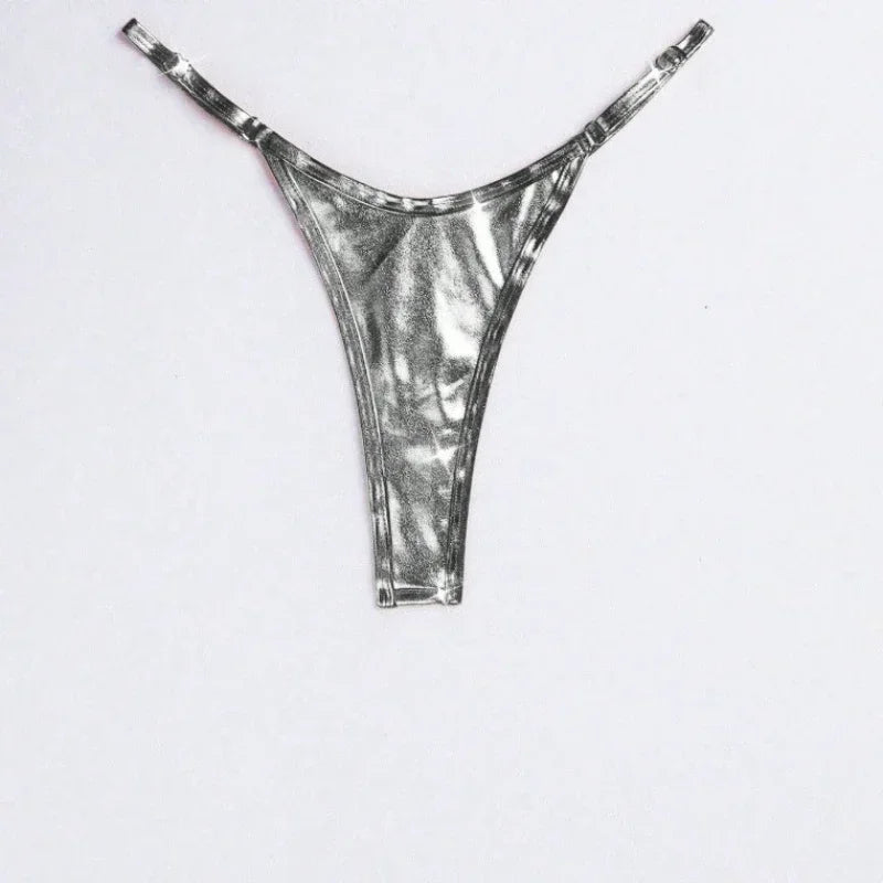 Women Adjustable Strap Thong Lady Briefs Panties G-string Glossy Triangle Shape Solid Color Elastic Mid Waist Ladies Underpants