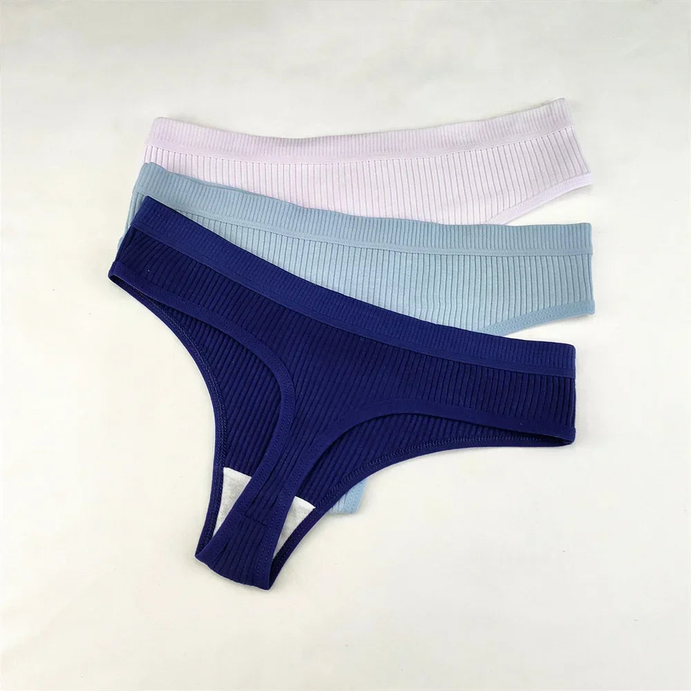 3Pcs/Set Women Thong G String Soft Ribbed Cotton Brazilian Panties Solid Color Low Rise Underwear Female Intimates Lingerie