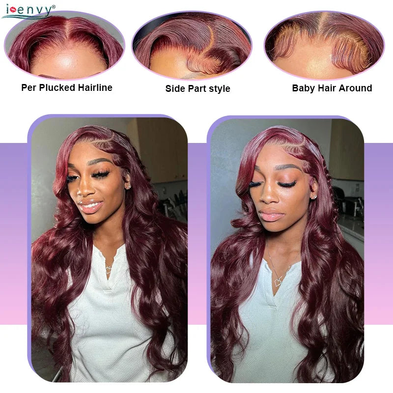 13X4 HD Transparent Lace Front Wigs Burgundy Red Human Hair Wigs PrePlucked 13X6 32Inch Body Wave Lace Front Wig For Women Curly