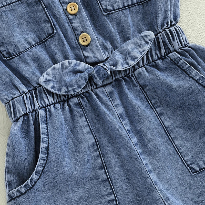 Toddler Girls Denim Overalls Shorts Short Sleeves Turn Down Collar Button Down Elastic Waist Jean Jumpsuit