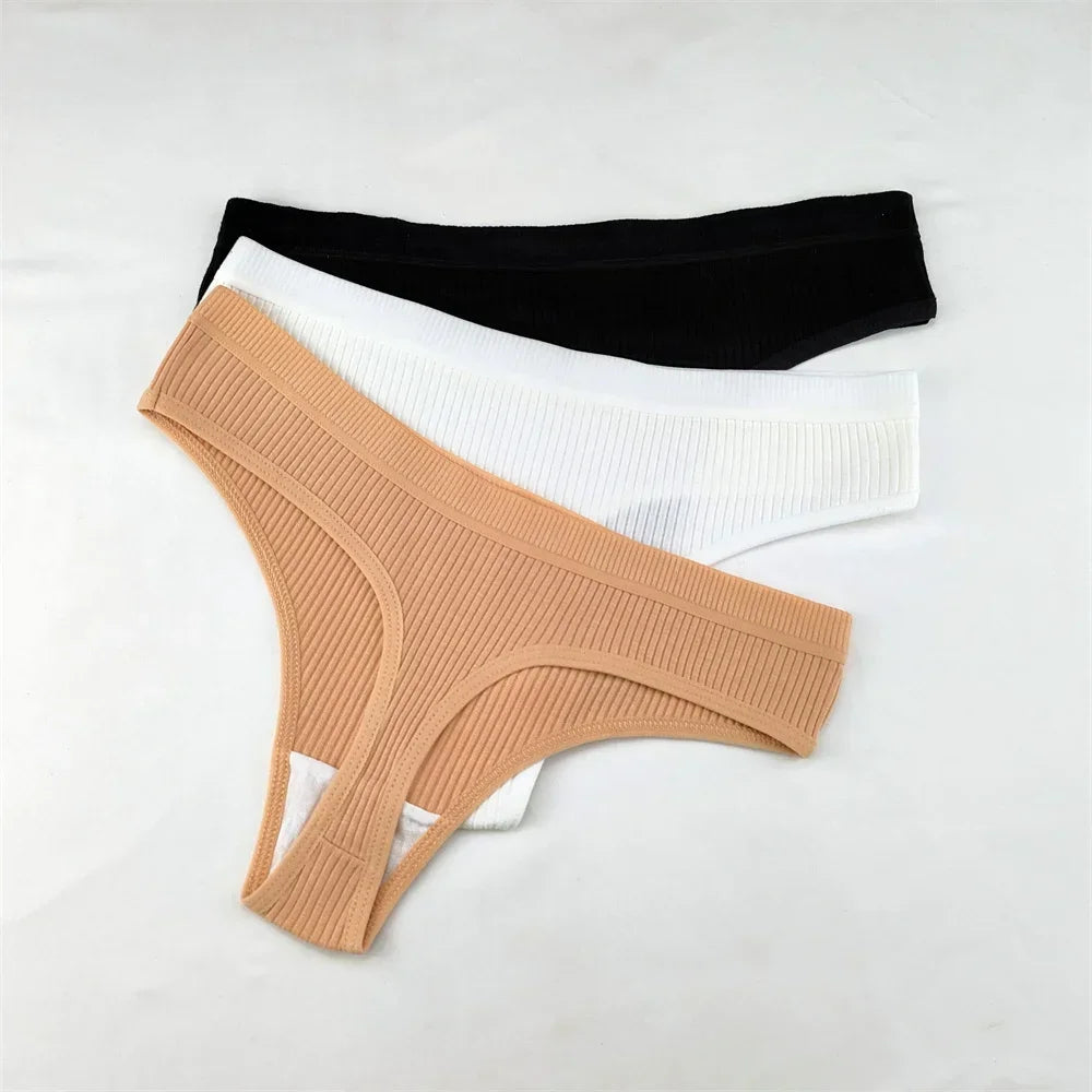 3Pcs/Set Women Thong G String Soft Ribbed Cotton Brazilian Panties Solid Color Low Rise Underwear Female Intimates Lingerie