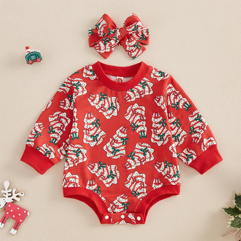 Toddler Baby Girls Sweatshirt Romper Christmas Tree Print Long Sleeve Jumpsuits and Cute Headband Set Infant