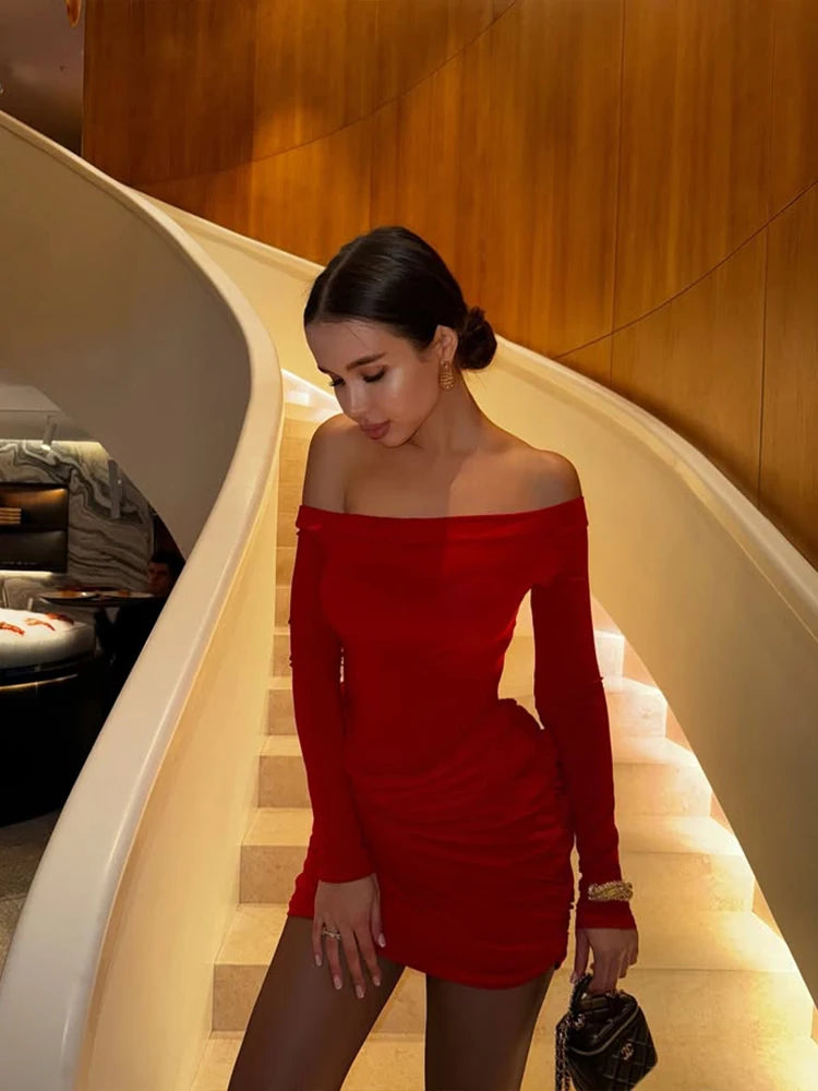 Party Dresses For Women Fashion Sexy Solid Full Sleeves Slash Neck Hip Wrap Folds Sheath Mini Vestidos Robes Female Streetwear