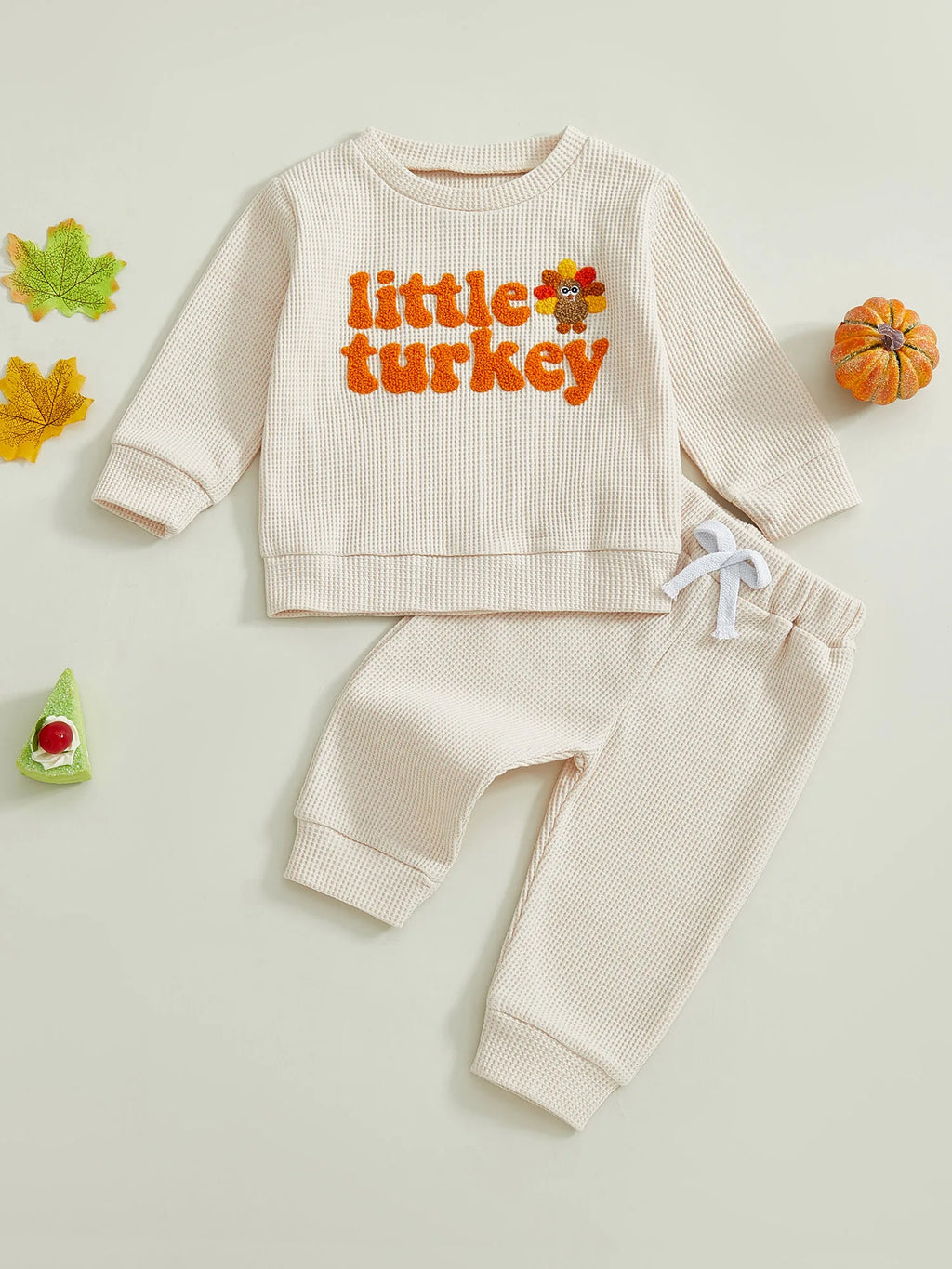 Toddler Baby Boys Thanksgiving Outfit Turkey Letter Embroidery Long Sleeve Pullover Elastic Waist Solid Pants 2Pcs Waffled Set
