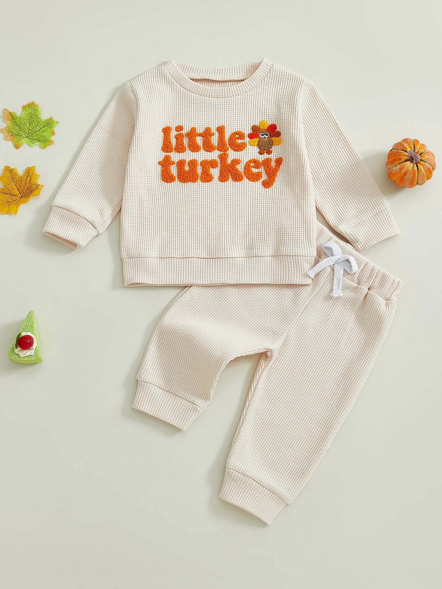 Toddler Baby Boys Thanksgiving Outfit Turkey Letter Embroidery Long Sleeve Pullover Elastic Waist Solid Pants 2Pcs Waffled Set