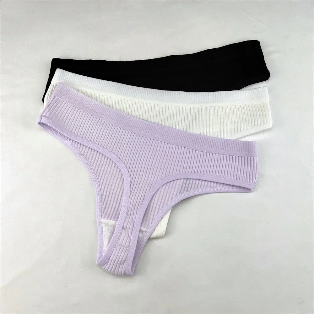 3Pcs/Set Women Thong G String Soft Ribbed Cotton Brazilian Panties Solid Color Low Rise Underwear Female Intimates Lingerie