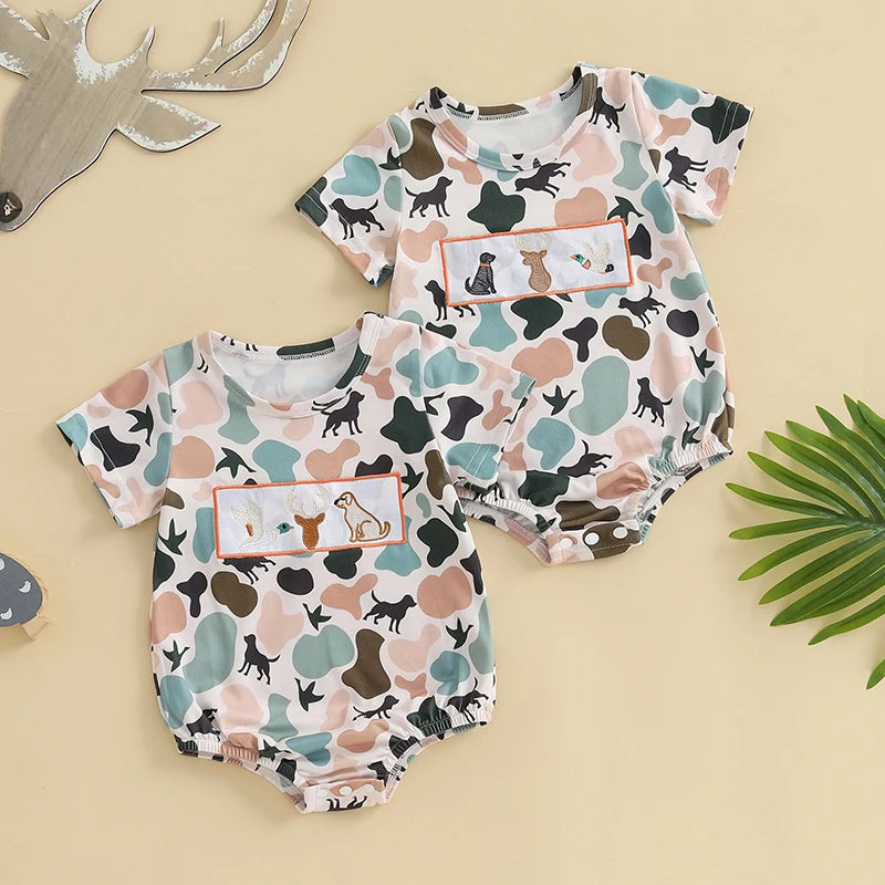 Lioraitiin Newborn Baby Boys Summer Jumpsuit Casual Dog Camouflage Print Embroidery Short Sleeve Romper Cute Clothes