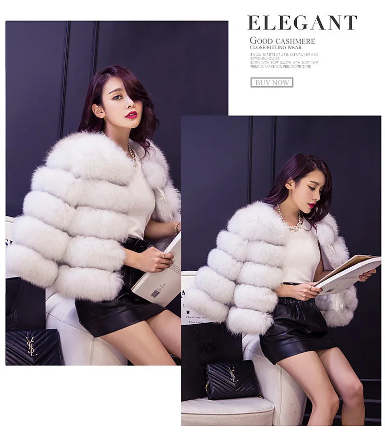 Women Faux Fox Fur Coats Zipper Short Coat Jackets Elegant Thick Warm Solid Jacket Lady Furry Outerwear Elegant Splice Winter