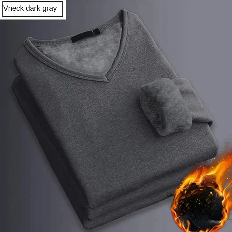 Men's Winter Thermal Underwear Tops Fleece-lined Thickened Warm Sweatshirt Solid Color O-neck V-neck Base Shirt Large Size 5XL