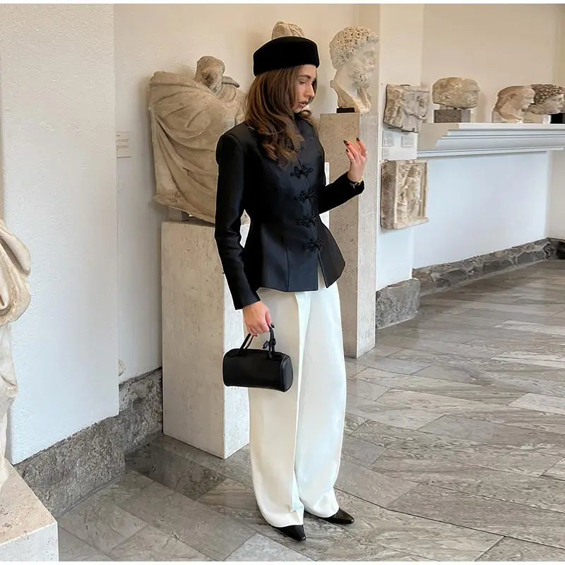 Vintage Stand Collar Velvet Frog Button Blazer Women Solid Long Sleeve Slim Cropped Jackets 2026 Spring Lady Fashion Outwear New