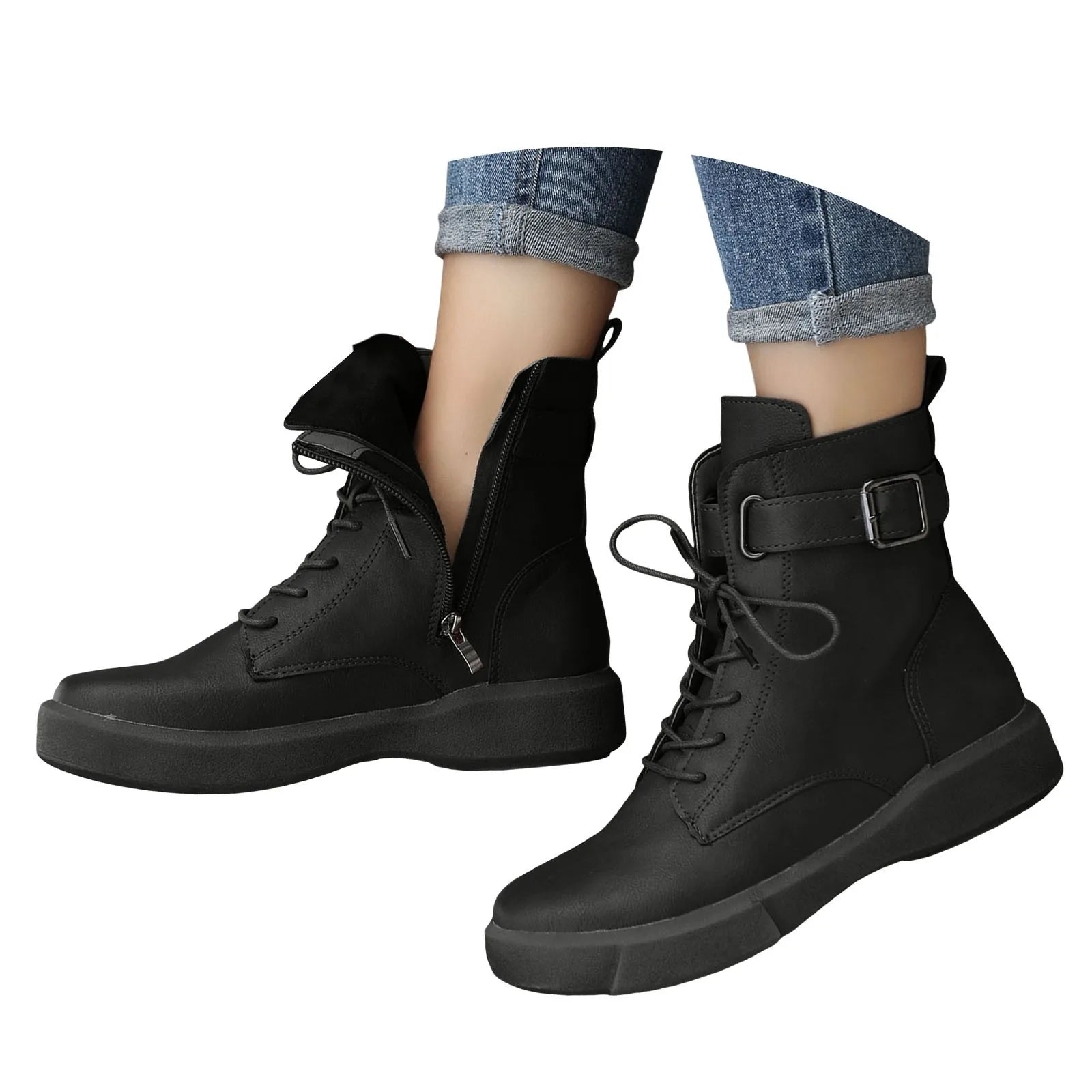 Women'S Fashionable Versatile Ankle Boots British Retro Belt Plus Velvet Short Suede Boots For Women Lace Up Flat Shoes Botines