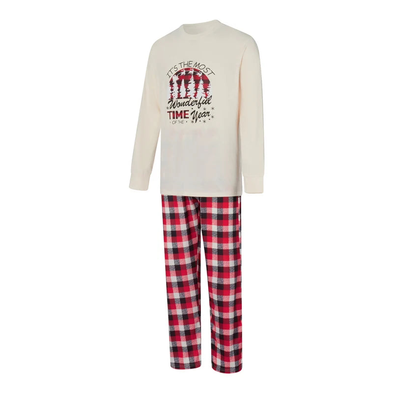 Christmas Family Matching Pajamas Set Long Sleeve Letter Print Tops and Plaid Pants Sleepwear Outfits for Adults and Kids