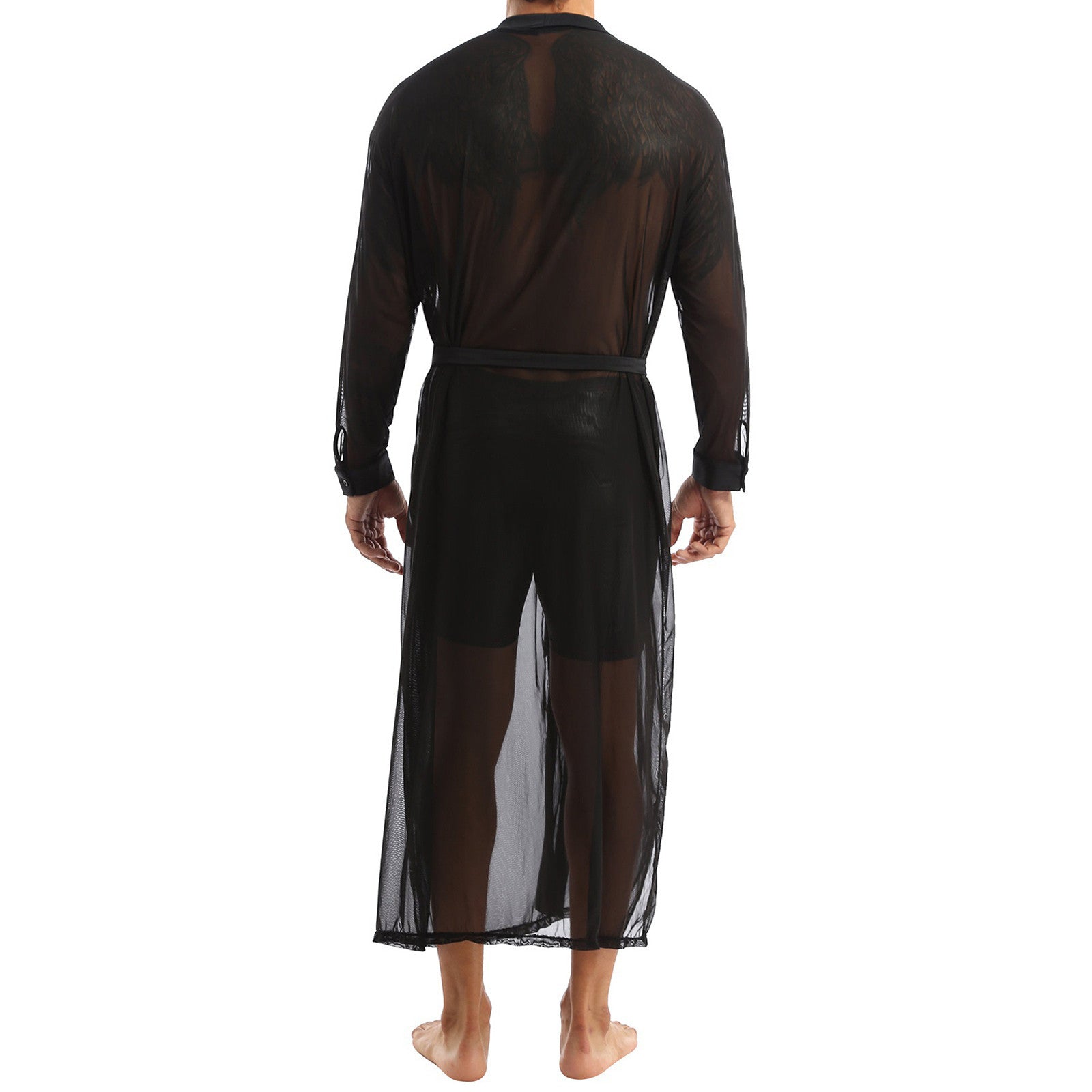 Men Transparent Mesh Robes Sexy Lingerie Front Cardigan Mesh See-through Long Bathrobe Male Gay Long Sleeve Nightgown Underwear