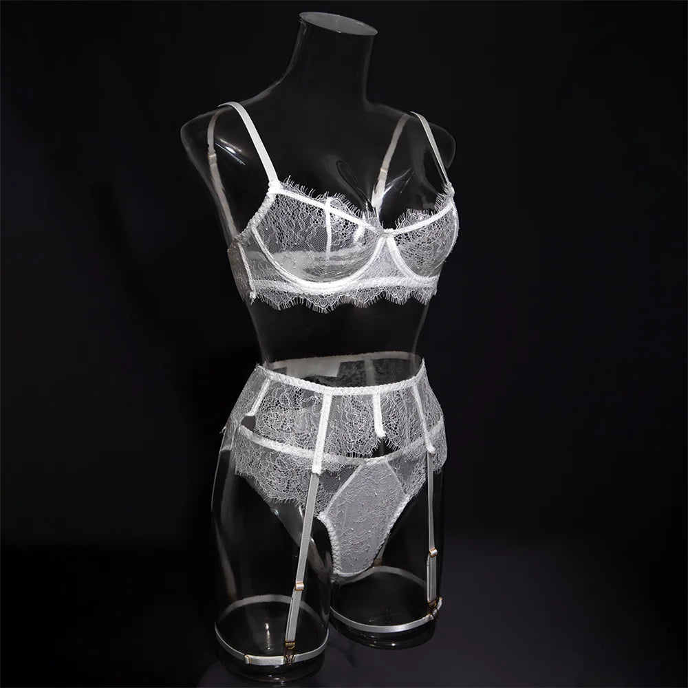 Krasapt Fancy White Lace Lingerie 2 Piece Sets Woman Hollow Out See Through Bras And Thongs Erotic Suits Delicate Fairy Bilizna