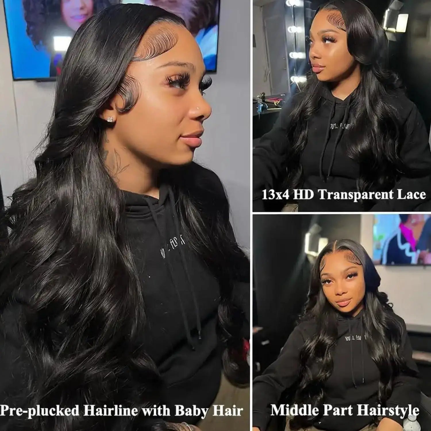 180% Density Body Wave Human Hair Wigs Natural Black Remy Hair Transparent Lace Front Wig Pre Plucked Hairline Lace Frontal Wig