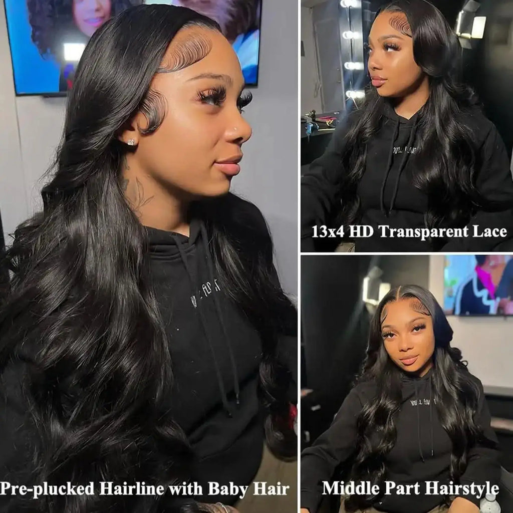 Body Wave 13x4 Lace Front Wig Pre Plucked Remy Brazilian Human Hair Wigs Natural Black 180% Density Transparent Lace Frontal Wig