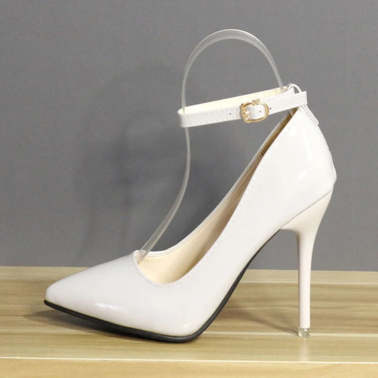 One Word Buckle High Heels 2025 Spring New Patent Leather Stiletto Heel Work Pumps Large Pointed Shallow Mouth Women's Shoes