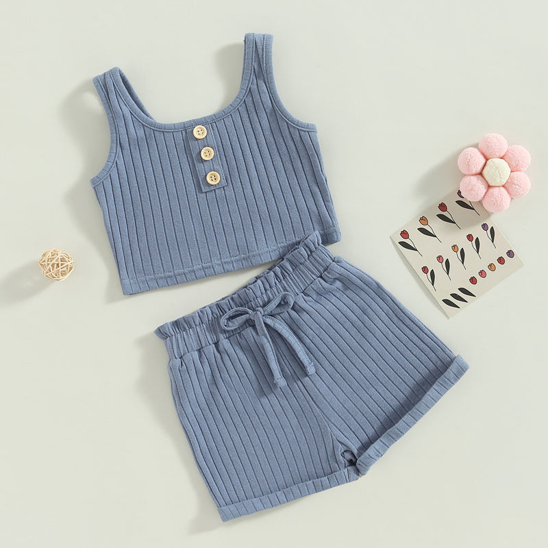 2023-02-14 Lioraitiin 0-4Years Toddler Girls 2Pcs Summer Outfit Sets Solid Button Vest Ribbed Drawstring Shorts